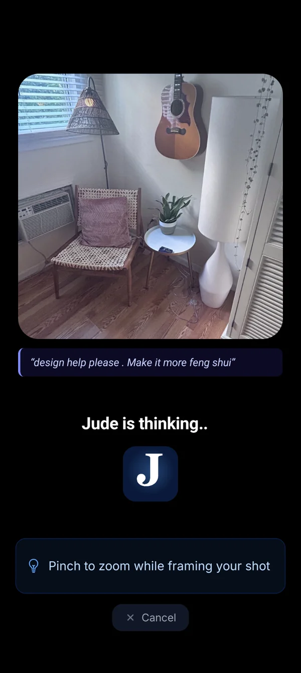 Jude analyzing a photo of a living room while the user asks for feng shui suggestions