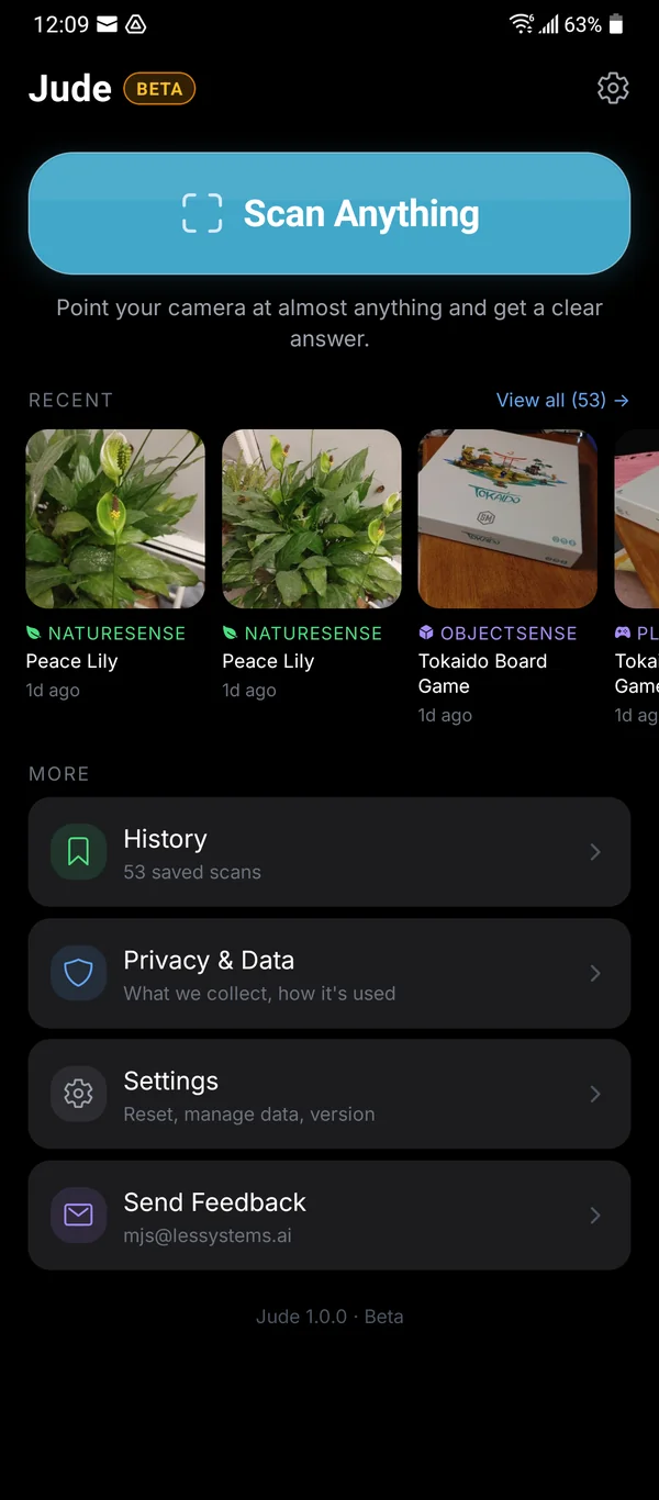 The Jude home screen, with a large "Scan Anything" button and a list of recent scans